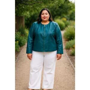 Vintage Statement elegant artsy Teal Leather Jacket minimalist Zip Up Size 20W